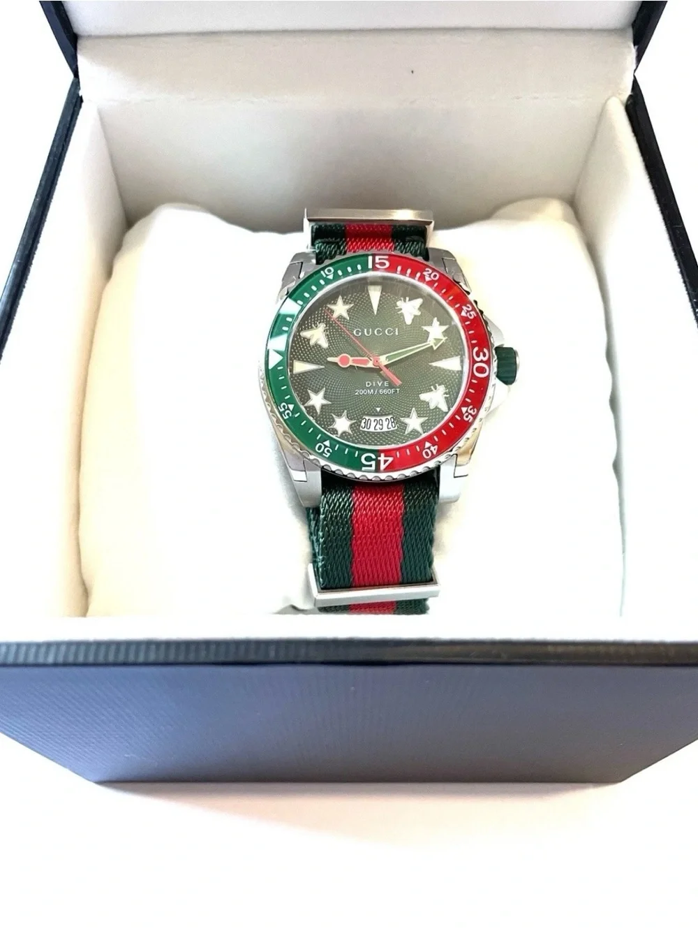 Gucci Green and Red Striped Fabric Dive Watch